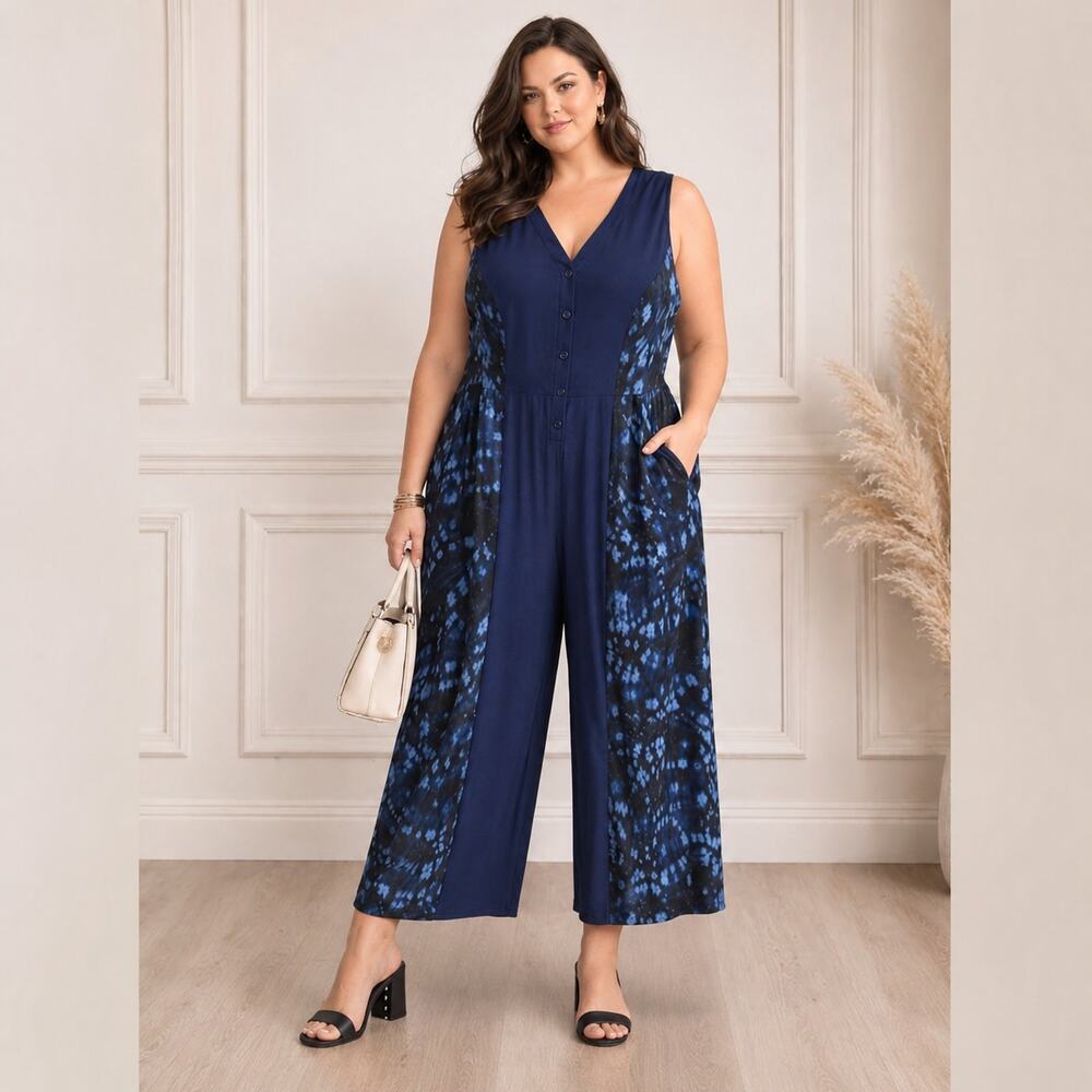 Melissa McCarthy Navy Blue Print Plus Size 2X Sleeveless Jumpsuit Romper NWT